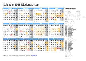 Kalender 2025 Niedersachsen
