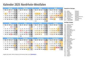 Kalender 2025 Nordrhein-Westfalen