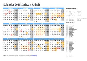 Kalender 2025 Sachsen-Anhalt